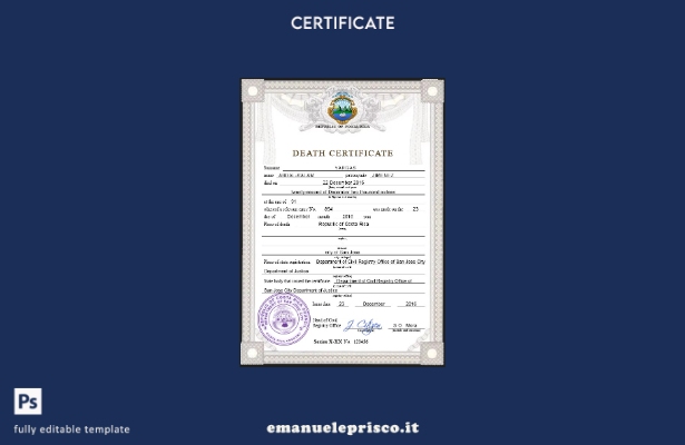 Modello PSD del certificato di morte della Costa Rica in stile verificato